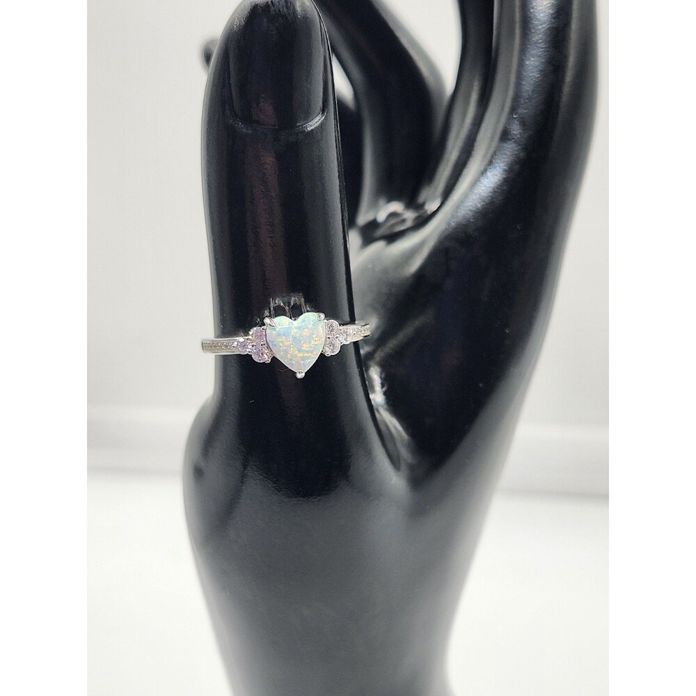 925 Sterling Silver White Opal and White Moissanite Heart Shape Ring For Women